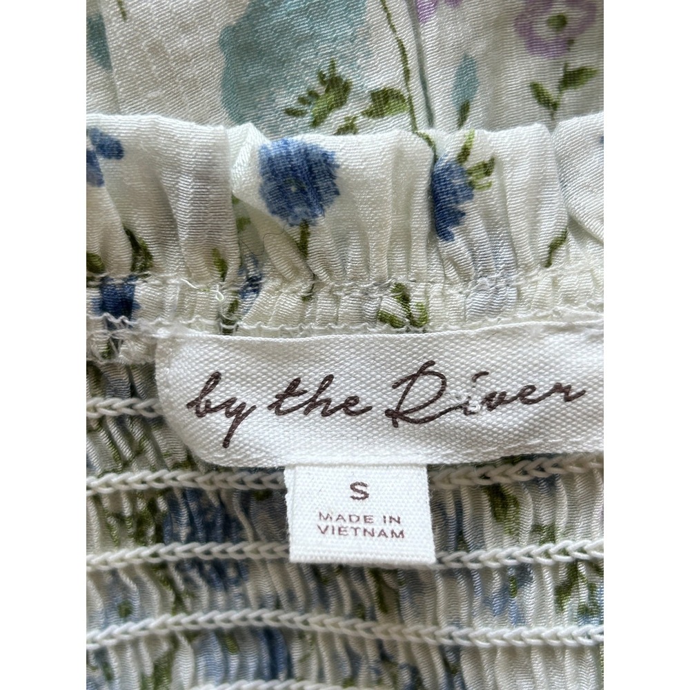By River Floral Smocked Midi Dress Blue White Ruffle Small Cottage Boho Fairy - Picture 3 of 10
